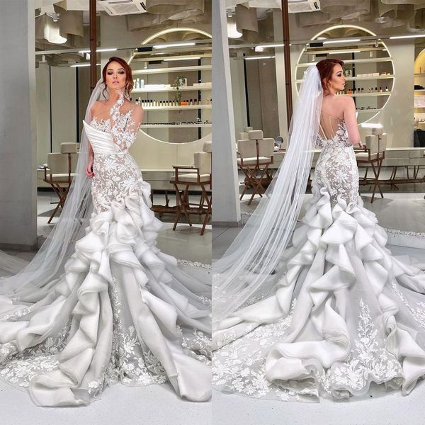 one shoulder lace mermaid wedding dresses luxurious tiered ruffles ruched bridal gowns custom made illusion dress vestido de novia, White
one shoulder lace mermaid wedding dresses luxurious tiered ruffles ruched bridal gowns custom made illusion dress vestido de novia, White