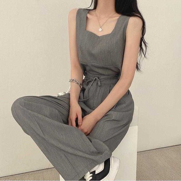 chic simple square collar design pant loose short vest lace up back elastic wide, White