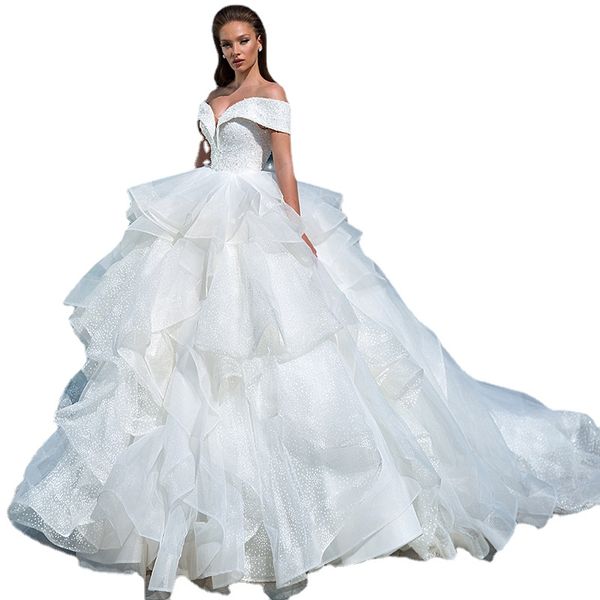 off the shoulder crystal tiered bridal ball gown luxury chapel train sweetheart neck zipper back wedding dress for women, White
off the shoulder crystal tiered bridal ball gown luxury chapel train sweetheart neck zipper back wedding dress for women, White