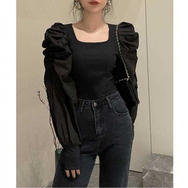 puff sleeve design square collar stitching shirt female korean chic spring slim, White
puff sleeve design square collar stitching shirt female korean chic spring slim, White