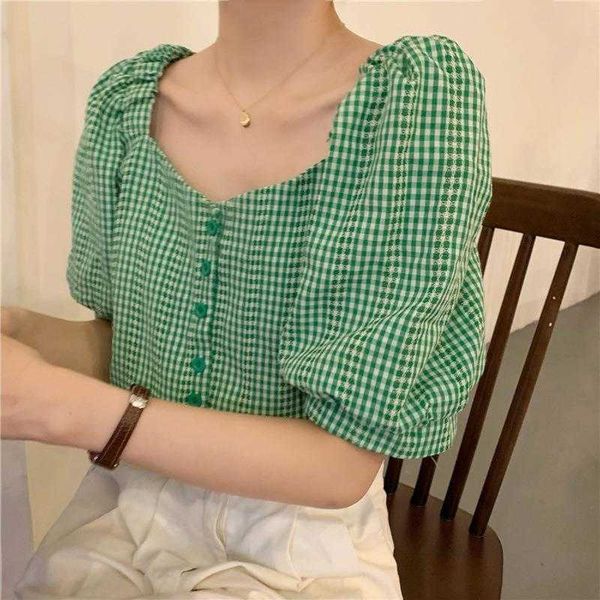 french square collar shirt color contrast check short sleeve for women summer, White
french square collar shirt color contrast check short sleeve for women summer, White