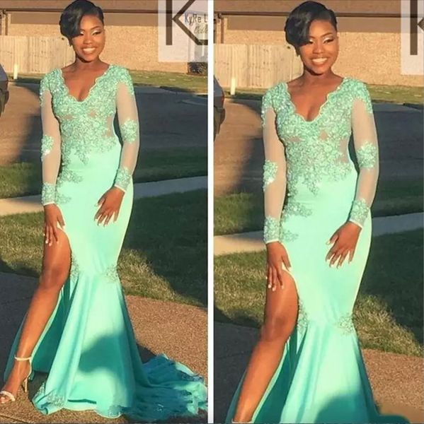 african new v neck mint green arabic evening dresses wear long sleeves side split african mermaid formal prom party gown, Black
african new v neck mint green arabic evening dresses wear long sleeves side split african mermaid formal prom party gown, Black