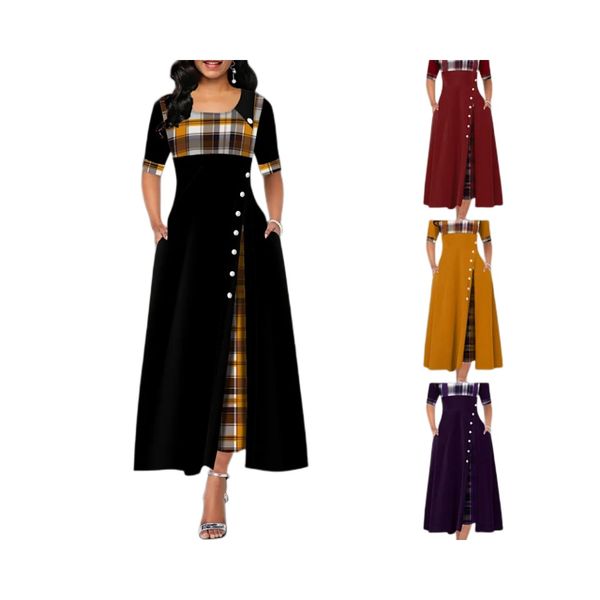women elegant long plaid print party dresses irregular ladies vintage button dress patchwork a-line, Black;gray
women elegant long plaid print party dresses irregular ladies vintage button dress patchwork a-line, Black;gray