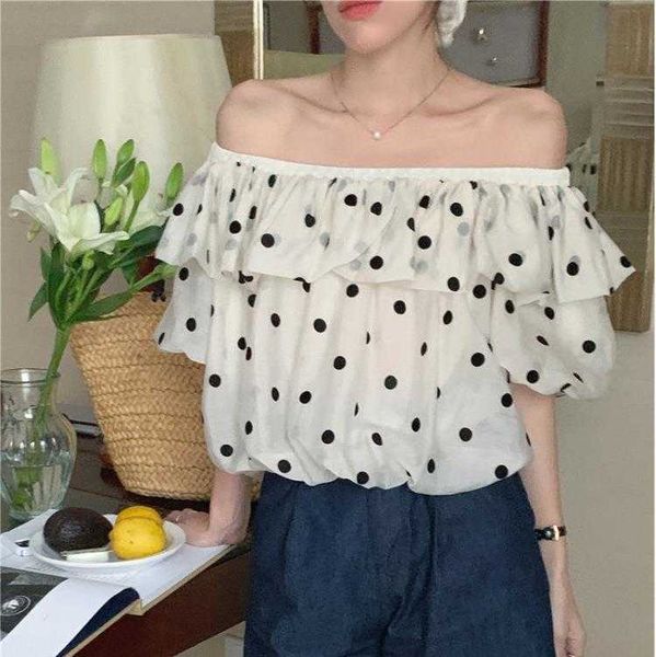 korean style womens blouses summer french romantic polka dot off shoulder top, White
korean style womens blouses summer french romantic polka dot off shoulder top, White