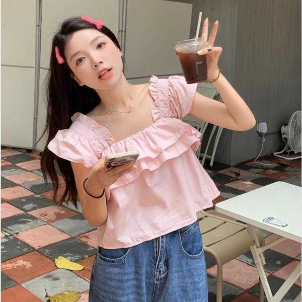 korean chic summer blouses younger pink ruffled flying sleeve square collar, White
korean chic summer blouses younger pink ruffled flying sleeve square collar, White
