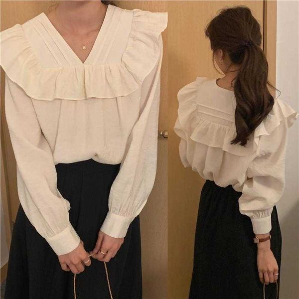 spring korean style french ruffled blouses pleated v neck solid color loose long, White
spring korean style french ruffled blouses pleated v neck solid color loose long, White