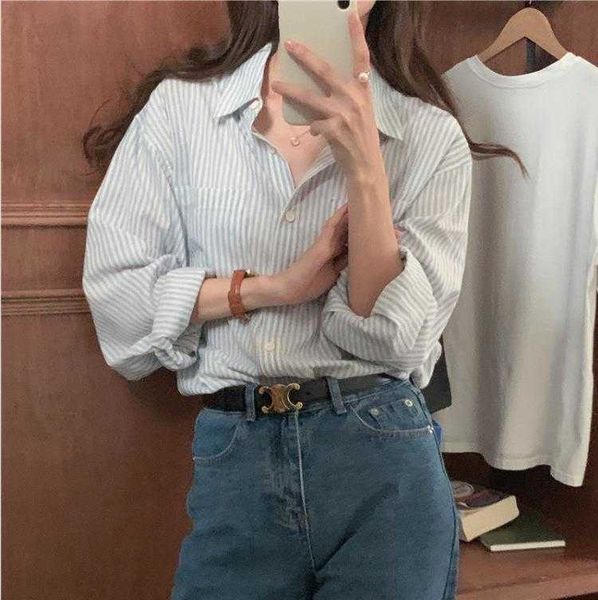womens korean style striped shirts polo collar long sleeved shirt autumn leisure, White 
womens korean style striped shirts polo collar long sleeved shirt autumn leisure, White