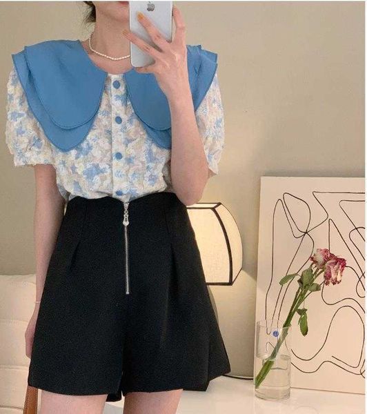 chic elegant pant double layer collar single breasted floral shirt zipper design, White
chic elegant pant double layer collar single breasted floral shirt zipper design, White