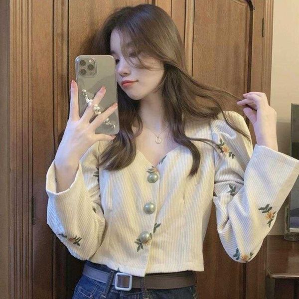 french style retro embroidered flower corduroy shirt womens autumn and winter, White
french style retro embroidered flower corduroy shirt womens autumn and winter, White