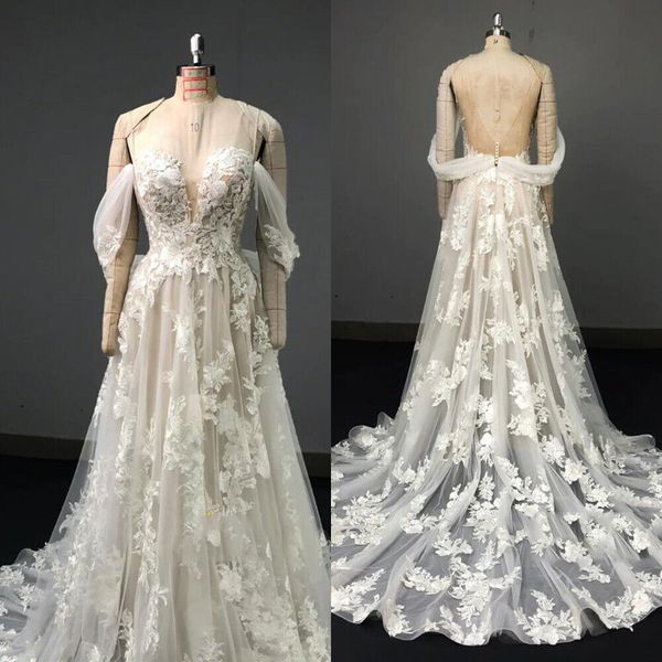 lace a-line wedding dress white ivory v-neck off shoulder bridal dress