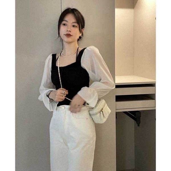 korean chic french style shirts elegant square collar color contrast patchwork, White
korean chic french style shirts elegant square collar color contrast patchwork, White