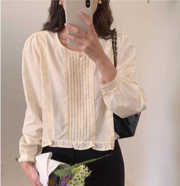 korean style lace short stitching long sleeve shirt autumn pleated design round, White
korean style lace short stitching long sleeve shirt autumn pleated design round, White