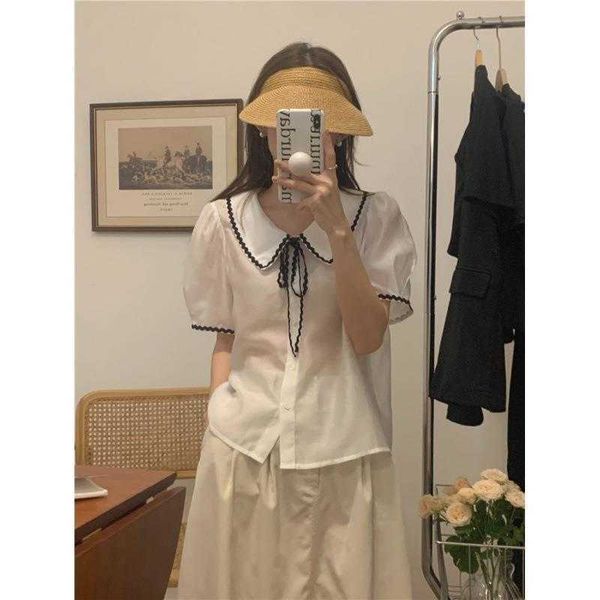 summer korean style french shirt contrast color lace stitching tied lapel single, White
summer korean style french shirt contrast color lace stitching tied lapel single, White