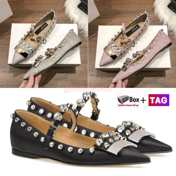 

with box womens dress shoes satin glitter crystal sandals studs embellished ballet flats outdoor slippers shoe lady size 35-40, Black