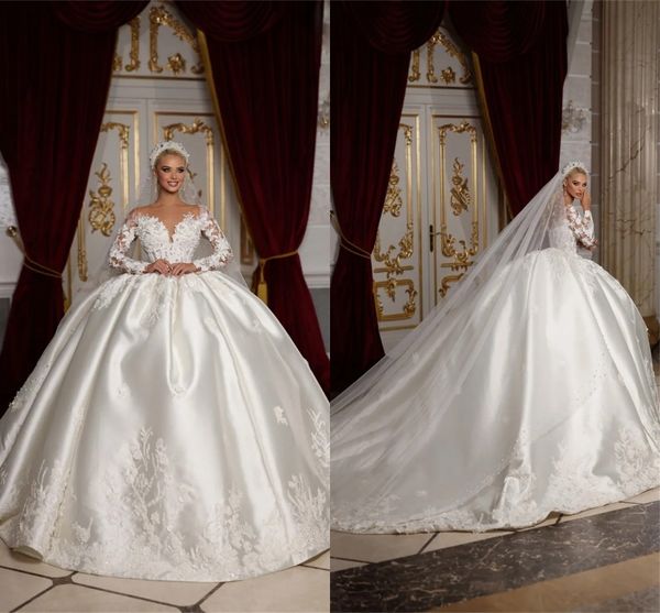 chic ivory satin ball gown wedding dresses with long sleeves sheer neck lace appliqued vintage church bridal gowns dubai arabic long train v, White
chic ivory satin ball gown wedding dresses with long sleeves sheer neck lace appliqued vintage church bridal gowns dubai arabic long train v, White