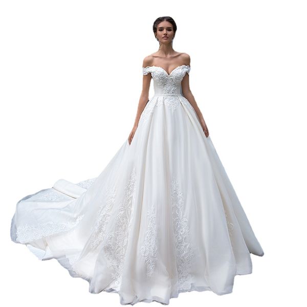 wedding dress with crystal off the shoulder tulle with embroidery robe satin sweetheart sleeveless bride back zipper, White
wedding dress with crystal off the shoulder tulle with embroidery robe satin sweetheart sleeveless bride back zipper, White