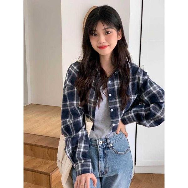 spring and autumn retro plaid short shirt womens hong kong style niche midriff, White
spring and autumn retro plaid short shirt womens hong kong style niche midriff, White