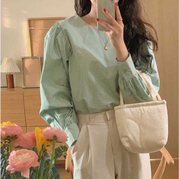 french light retro crew neck lantern sleeve shirt spring and autumn loose solid, White
french light retro crew neck lantern sleeve shirt spring and autumn loose solid, White