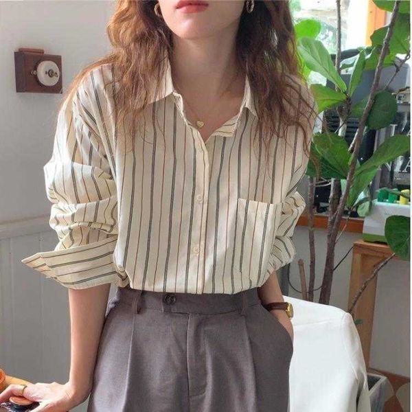 contrast color striped long sleeved shirt for women autumn elegant lapel casual, White
contrast color striped long sleeved shirt for women autumn elegant lapel casual, White