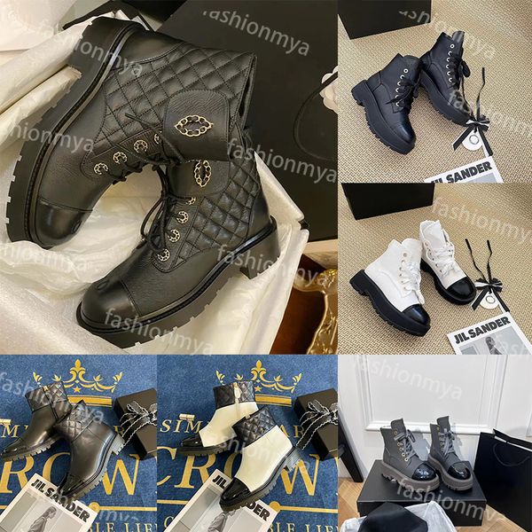 Designer Boots Women Small Fragrant Style Winter Classic Black Calfskin Boots Medium Heel Thick Sole Non-slip Versatile Lace-up Rhombus Short Boots