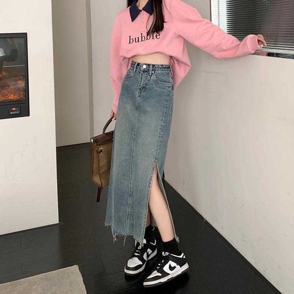 design sense split denim skirt womens spring retro high waist slimming, Black
design sense split denim skirt womens spring retro high waist slimming, Black