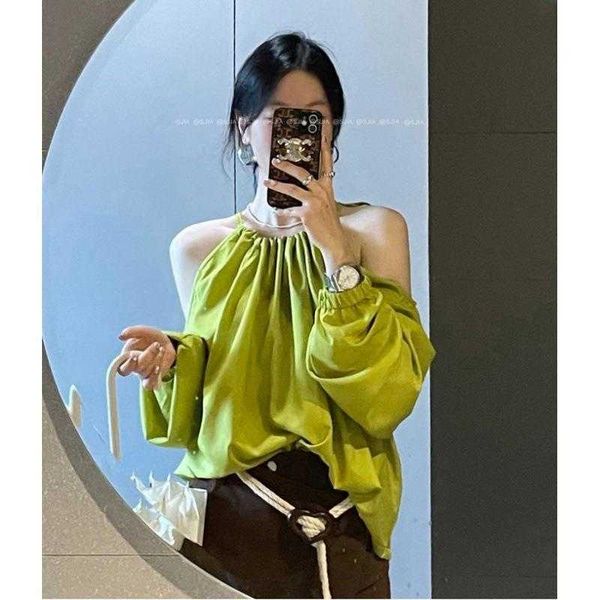 korean chic western style white womens blouses and green halter strap shoulder
korean chic western style white womens blouses and green halter strap shoulder