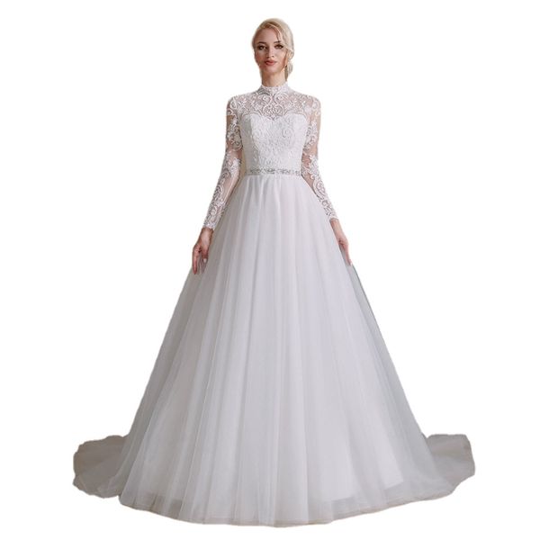 elegant wedding dresses high neck muslim long sleeves a line lace appliques crystal beaded belt bride gown, White
elegant wedding dresses high neck muslim long sleeves a line lace appliques crystal beaded belt bride gown, White