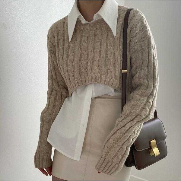 retro minority short design cable knit sweater autumn and winter round neck, White;black
retro minority short design cable knit sweater autumn and winter round neck, White;black