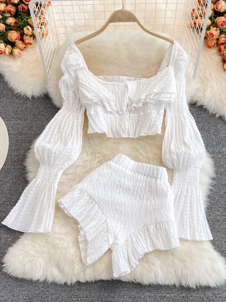 women s two piece pants chiffon set women summer high street fashion french outfits navel blouses solid wild ruffles shorts 230414, White
women s two piece pants chiffon set women summer high street fashion french outfits navel blouses solid wild ruffles shorts 230414, White