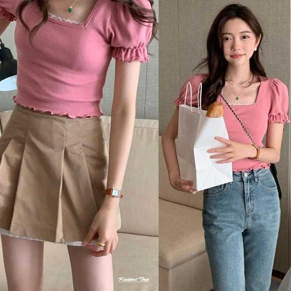 sweet peach pink lace sweaters square collar stitching wooden ear puff sleeve, White;black
sweet peach pink lace sweaters square collar stitching wooden ear puff sleeve, White;black