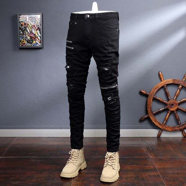 men's jeans streetwear fashion black jeans men elastic slim fit destroyed ripped jeans zipper designer hip hop punk denim pencil pants, Blue
men's jeans streetwear fashion black jeans men elastic slim fit destroyed ripped jeans zipper designer hip hop punk denim pencil pants, Blue