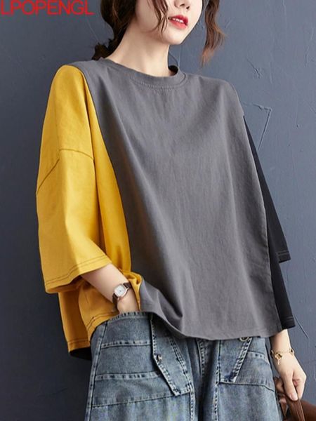 women's t-shirt women cotton oversized casual t-shirts summer simple style patchwork color loose female half sleeve soft tees 230414, White
women's t-shirt women cotton oversized casual t-shirts summer simple style patchwork color loose female half sleeve soft tees 230414, White