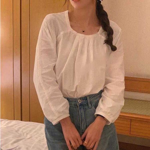 spring korean style lace shirts stitching pleated design round neck pure color, White
spring korean style lace shirts stitching pleated design round neck pure color, White