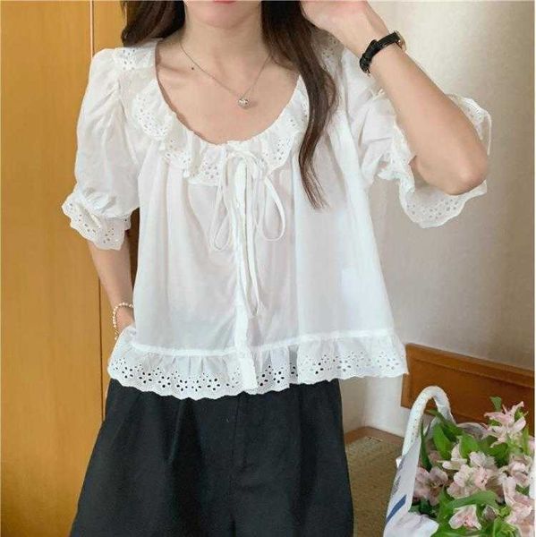 korean style hollow out womens blouses lacework round neck lace up short sleeve, White
korean style hollow out womens blouses lacework round neck lace up short sleeve, White