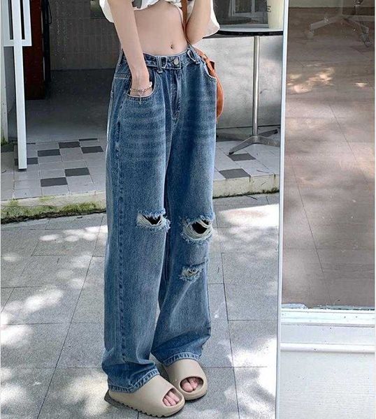 brushed ripped beggar burr straight jeans womens high waist loose and slimming, Blue
brushed ripped beggar burr straight jeans womens high waist loose and slimming, Blue