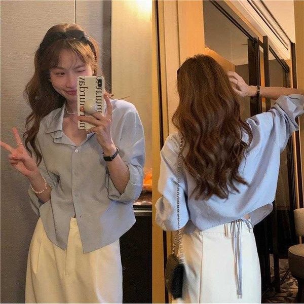 back lace up design long sleeve thin shirt spring summer minority simple lapel, White
back lace up design long sleeve thin shirt spring summer minority simple lapel, White