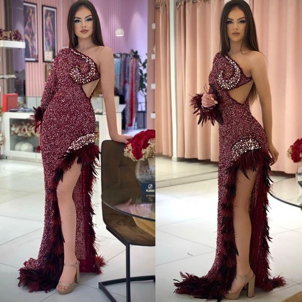 feathers exquisite burgundy prom dresses one shoulder party dresses sequined side split custom made evening dress, Black;red
feathers exquisite burgundy prom dresses one shoulder party dresses sequined side split custom made evening dress, Black;red