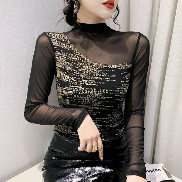 women's t shirts 2023 autumn winter women's t-shirt fashion long sleeved drilling printed mesh black clothing, White
women's t shirts 2023 autumn winter women's t-shirt fashion long sleeved drilling printed mesh black clothing, White