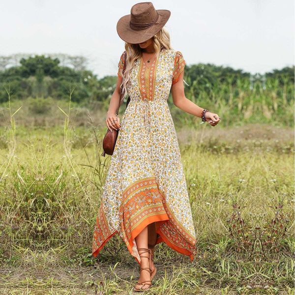 spring and summer womens dresses bohemian holiday v neck printed floral dress, Black;gray
spring and summer womens dresses bohemian holiday v neck printed floral dress, Black;gray
