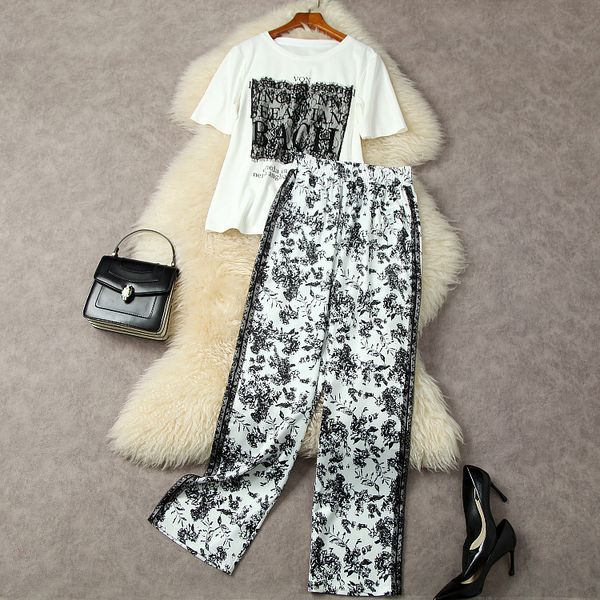 european and american women's clothes 2023 spring new short sleeve stitching lace t-shirt wide-leg pants fashion suit, White
european and american women's clothes 2023 spring new short sleeve stitching lace t-shirt wide-leg pants fashion suit, White
