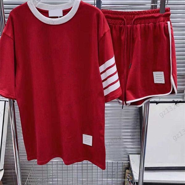 red two piece pants spliced thread neckline striped decorative short sleeve crew neck t-shirt elastic waist drawstring design sports shorts, White
red two piece pants spliced thread neckline striped decorative short sleeve crew neck t-shirt elastic waist drawstring design sports shorts, White