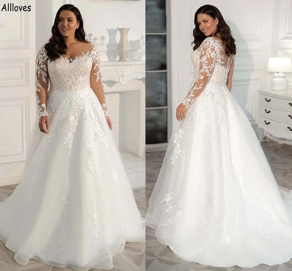 plus size long sleeves a line wedding dresses for women sheer neck elegant lace appliqued bridal gowns tulle sweep train buttons back bride, White
plus size long sleeves a line wedding dresses for women sheer neck elegant lace appliqued bridal gowns tulle sweep train buttons back bride, White