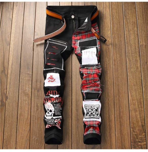 men's skull sokotoo printed scottish plaid patchwork jeans trendy patches design black ripped distressed denim long pants, Blue
men's skull sokotoo printed scottish plaid patchwork jeans trendy patches design black ripped distressed denim long pants, Blue