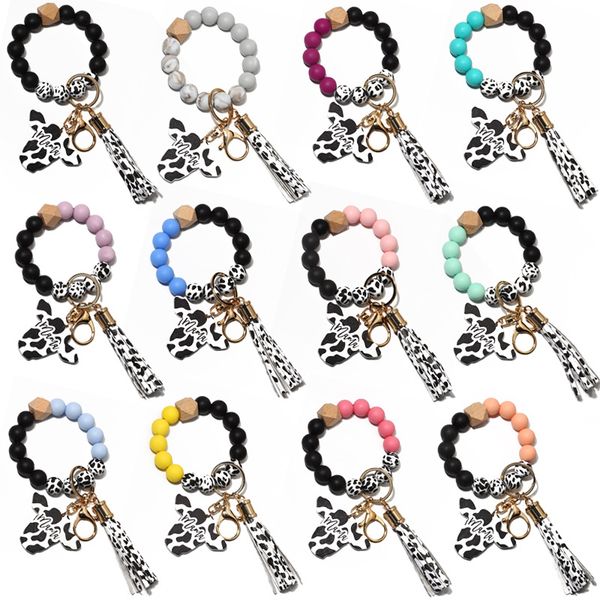 cow custom silicone beads leather tassel cute cow wood bull wooden bead bracelet silicone wristlet keychain with mom print, Blue
cow custom silicone beads leather tassel cute cow wood bull wooden bead bracelet silicone wristlet keychain with mom print, Blue