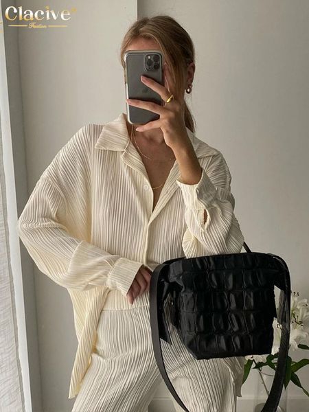 women's two piece pants clacive causal loose home suit autumn long sleeve blouse with high wasit pants set women elegant pleated beige, White
women's two piece pants clacive causal loose home suit autumn long sleeve blouse with high wasit pants set women elegant pleated beige, White