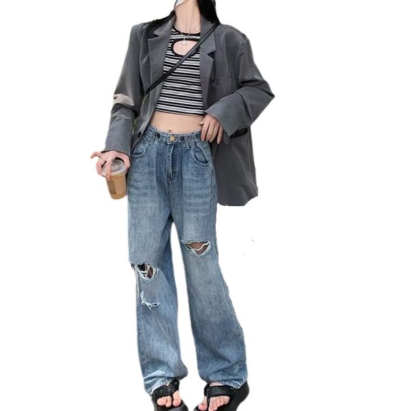 versatile distressed jeans for women in spring and summer trend design, with a retro washed wide leg pants and straight leg pants, Blue
versatile distressed jeans for women in spring and summer trend design, with a retro washed wide leg pants and straight leg pants, Blue