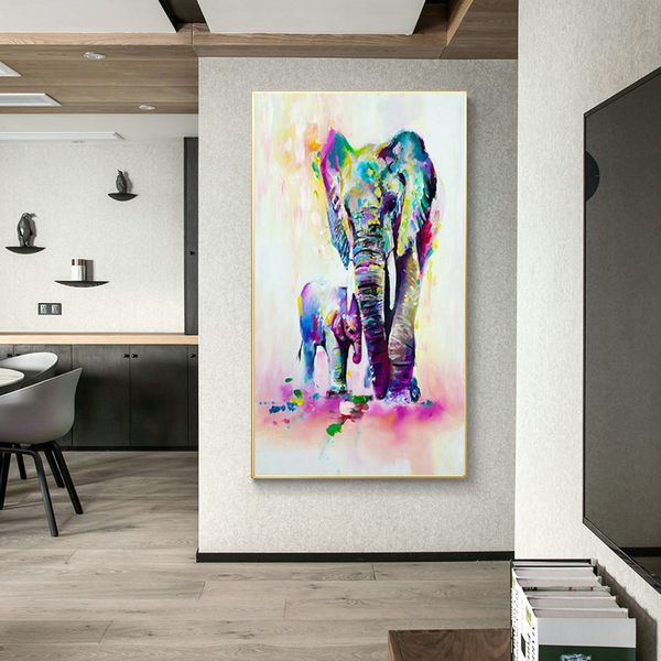 

colorful elephant and deer canvas painting animals wall art poster watercolor- graffiti wall pictures for living room home decor