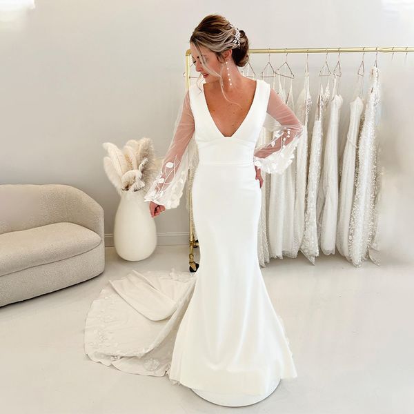 modern hollow back mermaid wedding dresses 3d appliques bridal gowns deep v neckline satin sweep train robe de mariee, White
modern hollow back mermaid wedding dresses 3d appliques bridal gowns deep v neckline satin sweep train robe de mariee, White