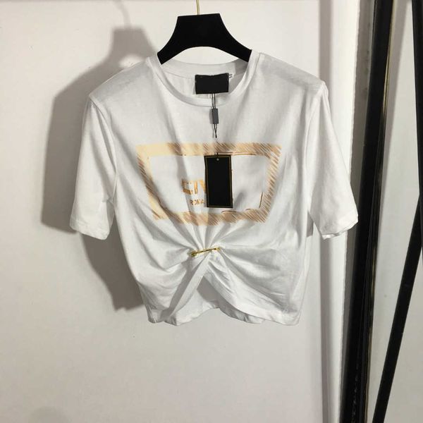 23ss womens t-shirt tee womens designer clothing pure cotton gold monogram print large pin twist close waist crop short sleeve t-shirt women, White
23ss womens t-shirt tee womens designer clothing pure cotton gold monogram print large pin twist close waist crop short sleeve t-shirt women, White