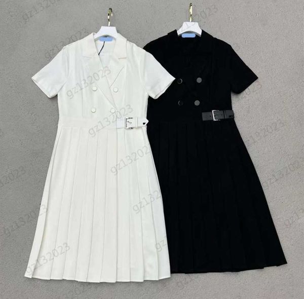 women dresses custom double breasted button open lapel short sleeve dress splicing triangle logo leather buckle design large hemline pleated, Black;gray
women dresses custom double breasted button open lapel short sleeve dress splicing triangle logo leather buckle design large hemline pleated, Black;gray